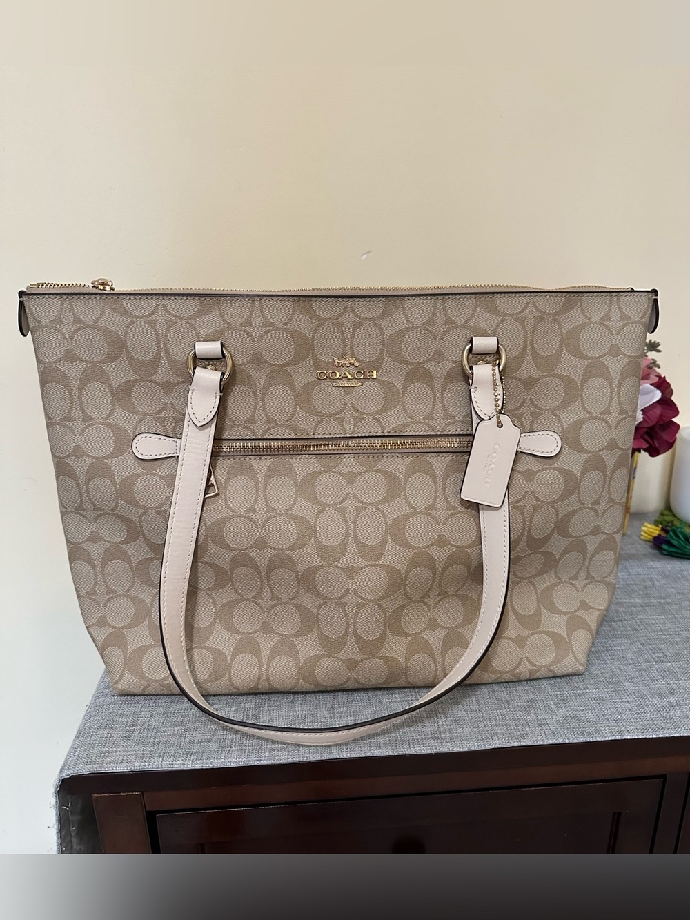 Coach Tan Signature Canvas Tote with Chalk Trim